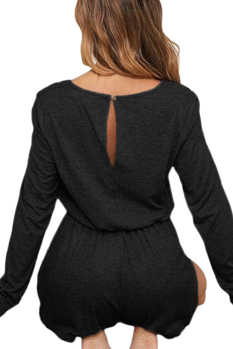 Black Ribbed Drawstring Waist Long Sleeve Romper
