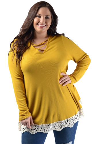 Yellow Crisscross Crochet Hem V Neck Plus Size Top