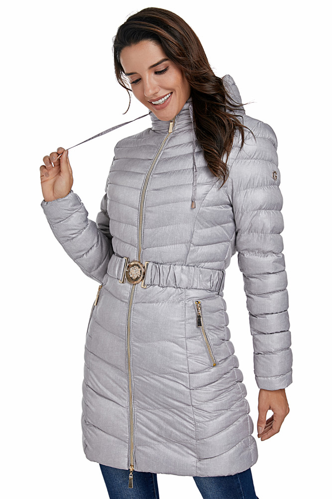 Gray Hooded Longline Winter Coat with Belt
