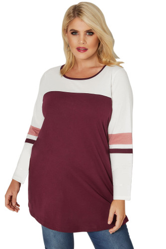 Burgundy White Color Block Long Sleeve Plus Size Top