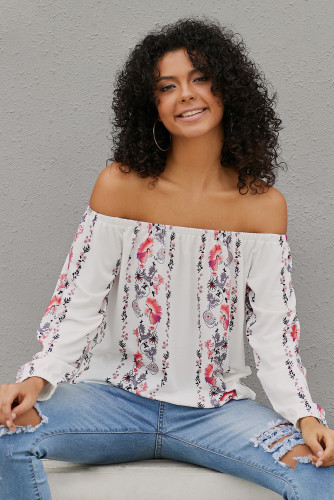 White Floral Print Elastic Off Shoulder Top