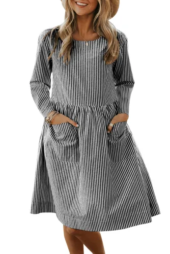 Black Pinstriped Casual Pocket Dress
