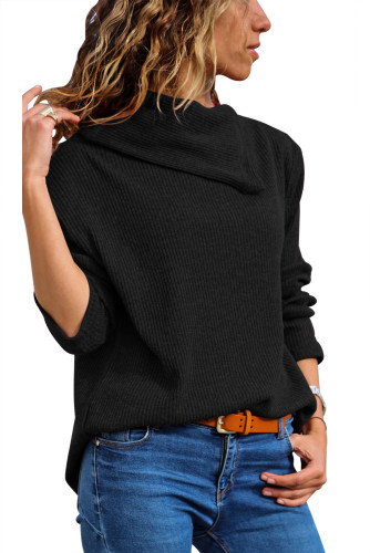 Black Asymmetric Cowl Neck Ribbed Knit Top