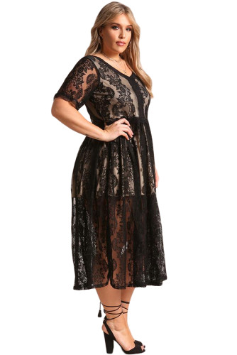 Black Plus Size Floral Lace Flared Midi Dress