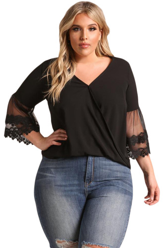 Black Tulle Embroidered Bell Sleeve Plus Size Blouse