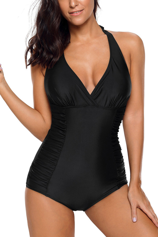 Black Pleated Halter One Piece Swimwear