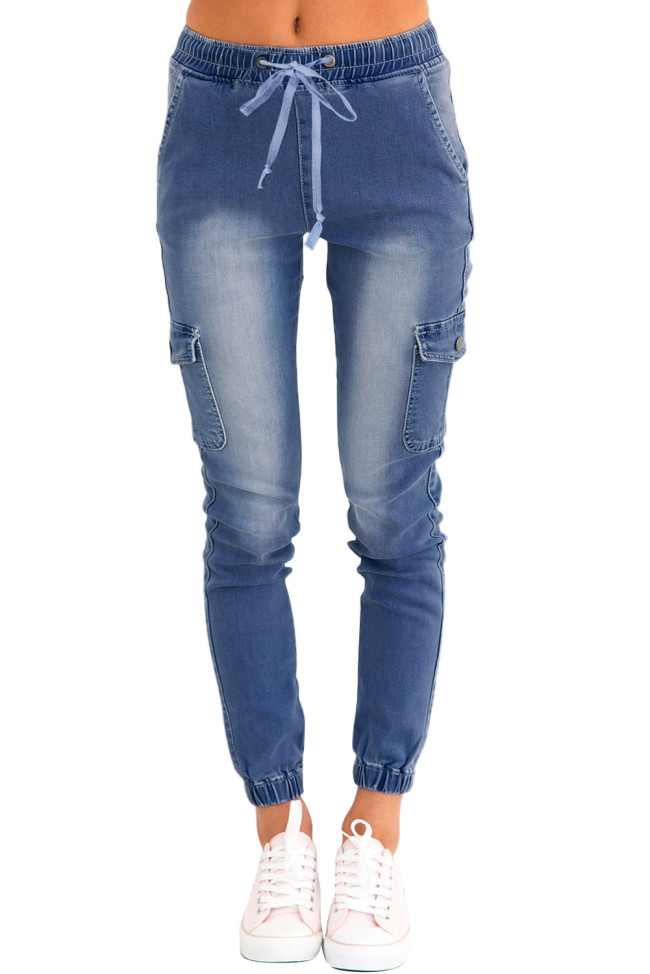 Light Blue Drawstring Ankle Pocket Denim Jeans