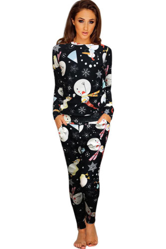 Snowman Print Black 2pcs Christmas Tracksuit