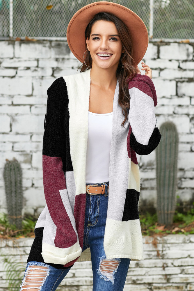 Black Red Multi Colorblock Open Front Cardigan