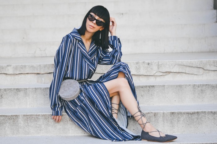 Navy White Multi Striped Shirt Dress with Tie