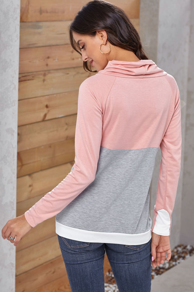 Pink Gray Colorblock Thumbhole Sleeved Sweatshirt