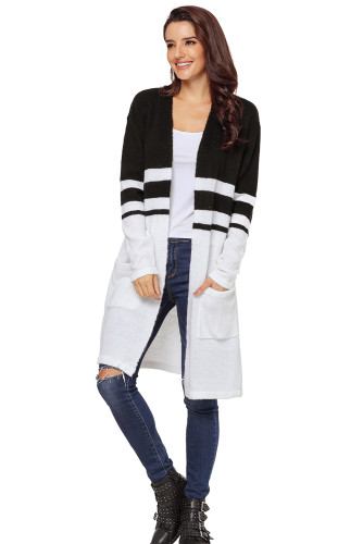 White Black Contrast Full Sleeve Open Cardigan with Pockets
