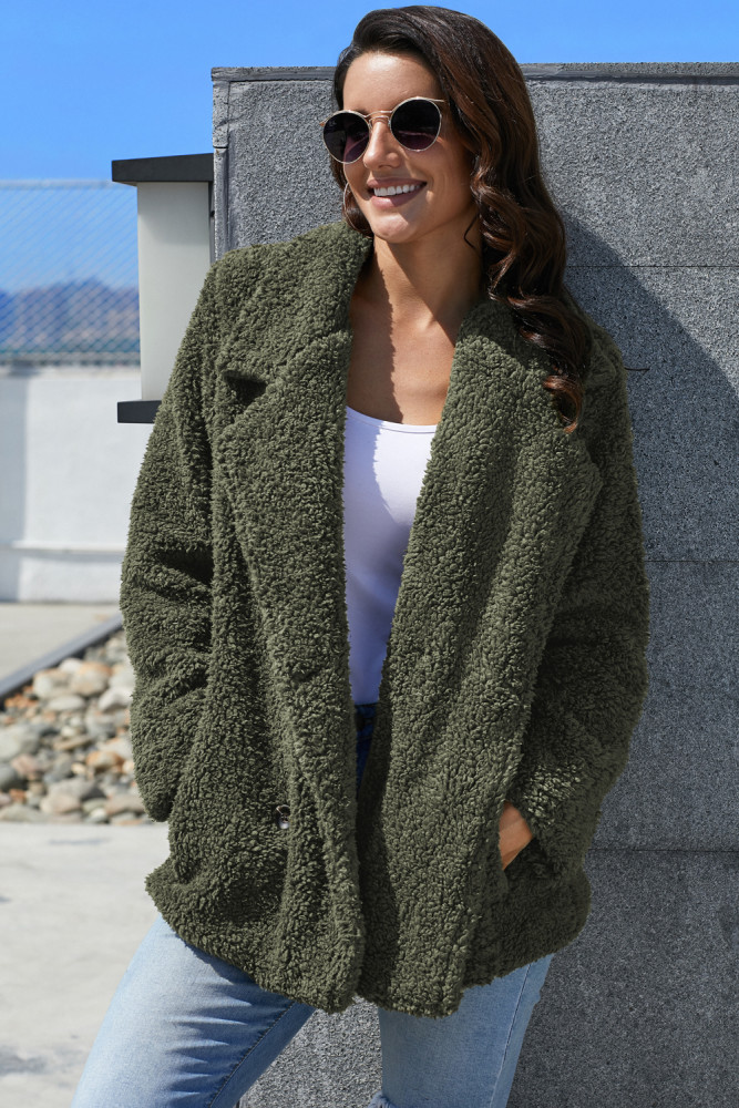 Army Green Fleece Open Front Coat with Pockets