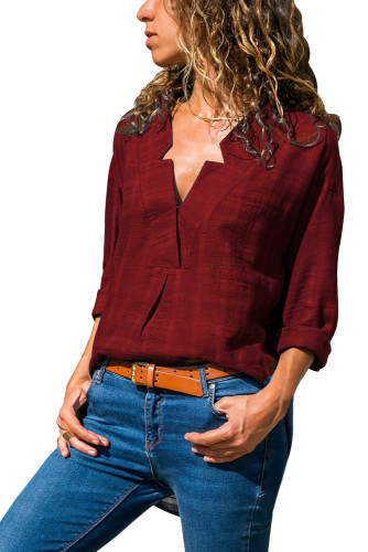 Burgundy Crepe Plaid Notched Neckline Blouse