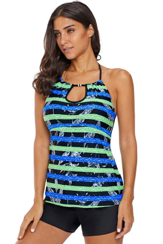 Striped Leaf Print Keyhole Halter Swim Top