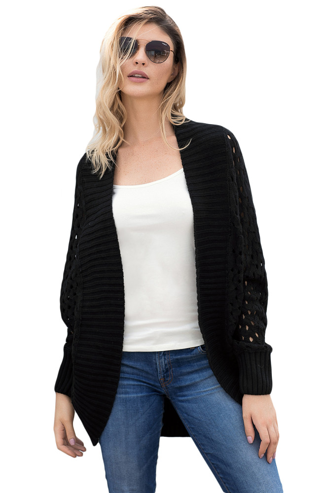 Black Hollow Out Knit Long Sleeves Cardigan