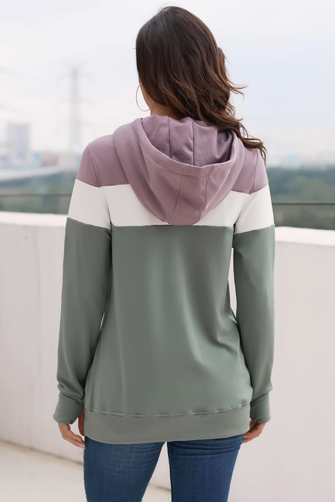 Dark Purple Hooded Green Colorblock Sweatshirt