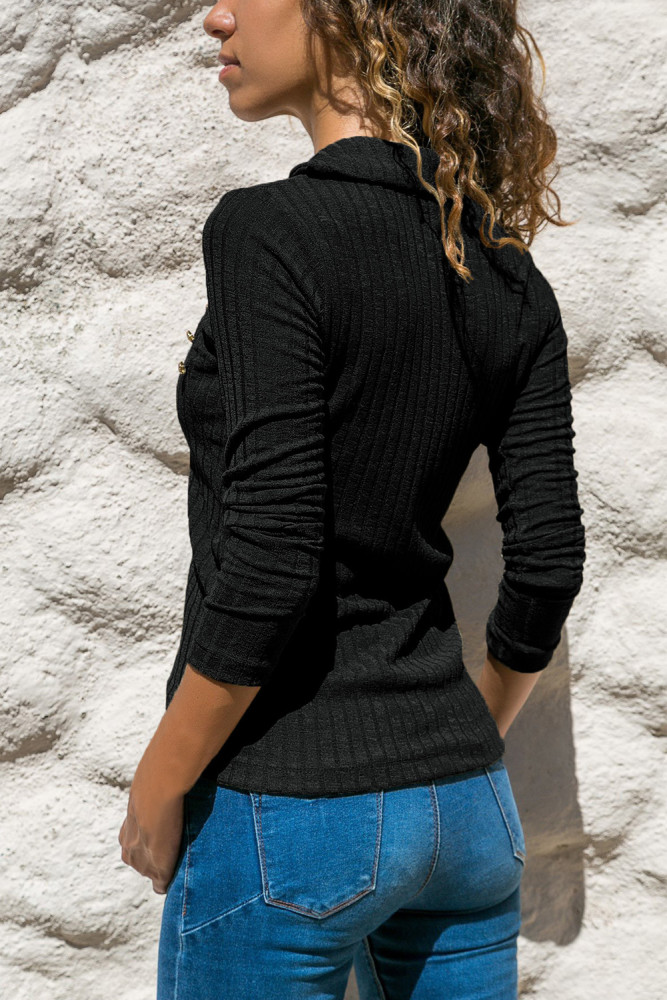 Black Ribbed Knit Turn Down Collar Top