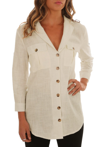 Creamy Buttoned Pockets Shawl Collar Linen Blouse