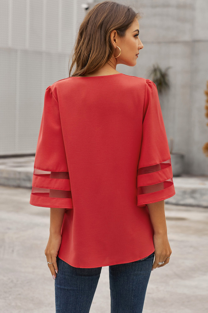 Red Flare Sleeve V Neck Loose Blouse