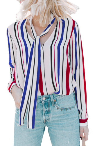 Royal Blue Multiple Striped Pussycat Bow Top