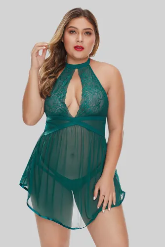 Green Plus Size Sheer Fantasy Babydoll Set