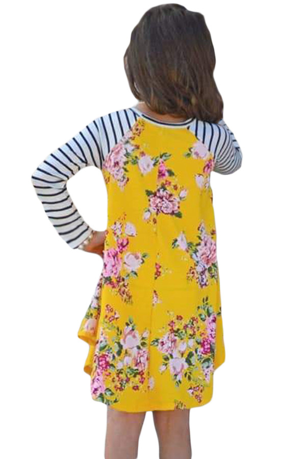 Yellow Spring Fling Floral Striped Sleeve Short Dress for Kids