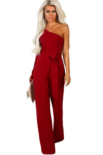 Burgundy Asymmetric One Shoulder Wide Leg Solid Jumpsuit