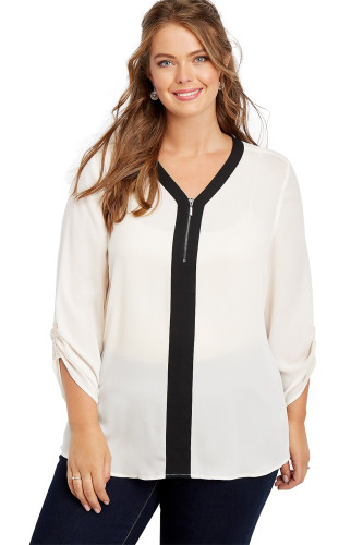 Contrast Zipper Front Apricot Plus Size Blouse