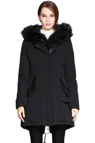 Fur Trim Hooded Black Parka Storm Coat