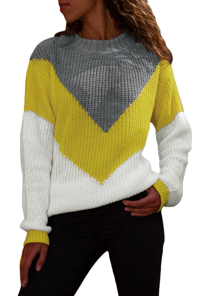 Yellow Chevron Accent Grey White Sweater