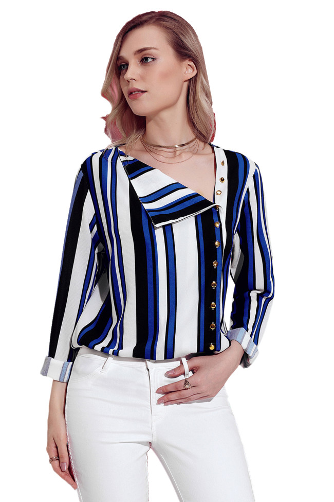 Blue White Black Striped Asymmetric Button Down Shirt