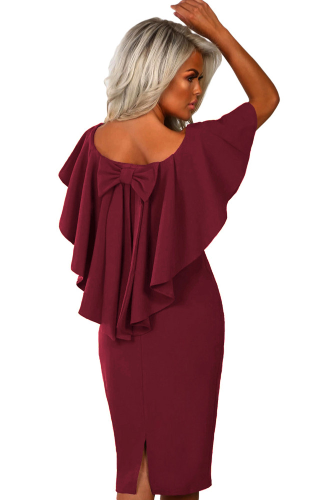 Burgundy Bow Poncho Overlay Bardot Midi Dress