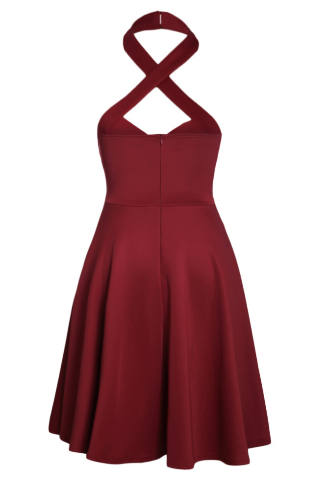 Burgundy Cross Halter Vintage Flare Dress