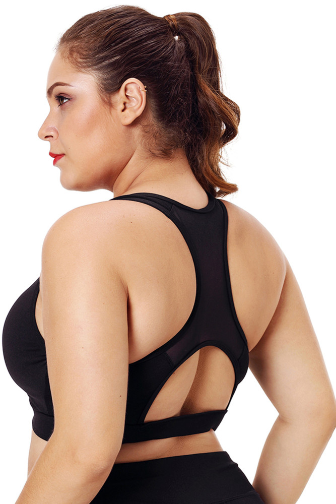 Black Plus Size Racerback Pleated Sport Bra