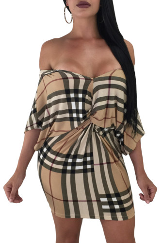 Retro Plaid Twist Front Off Shoulder Poncho Dress
