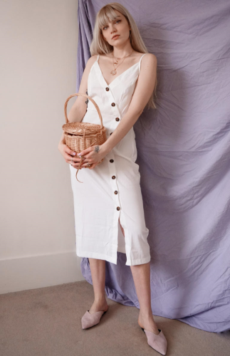 White Button-down Linen Midi Dress