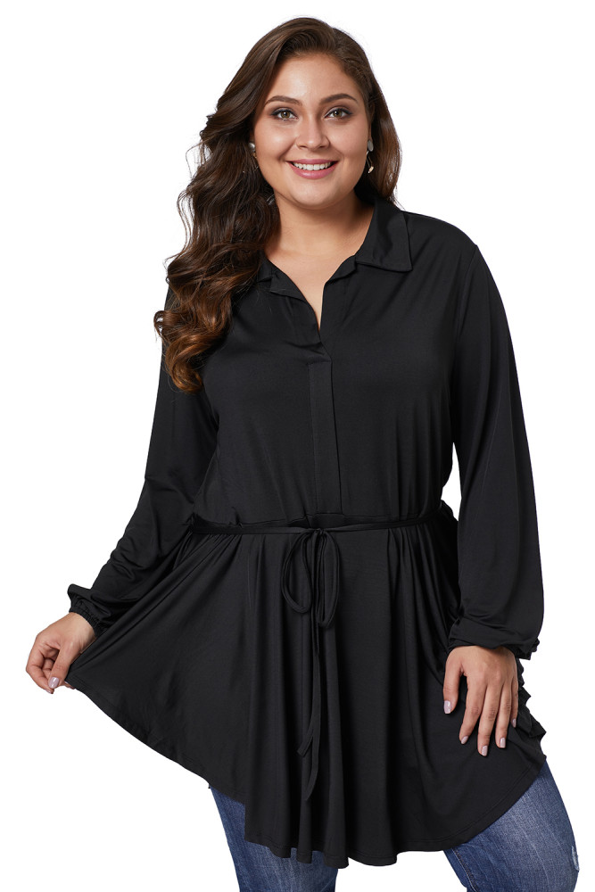 Solid Black Plus Size Tie Waist Top