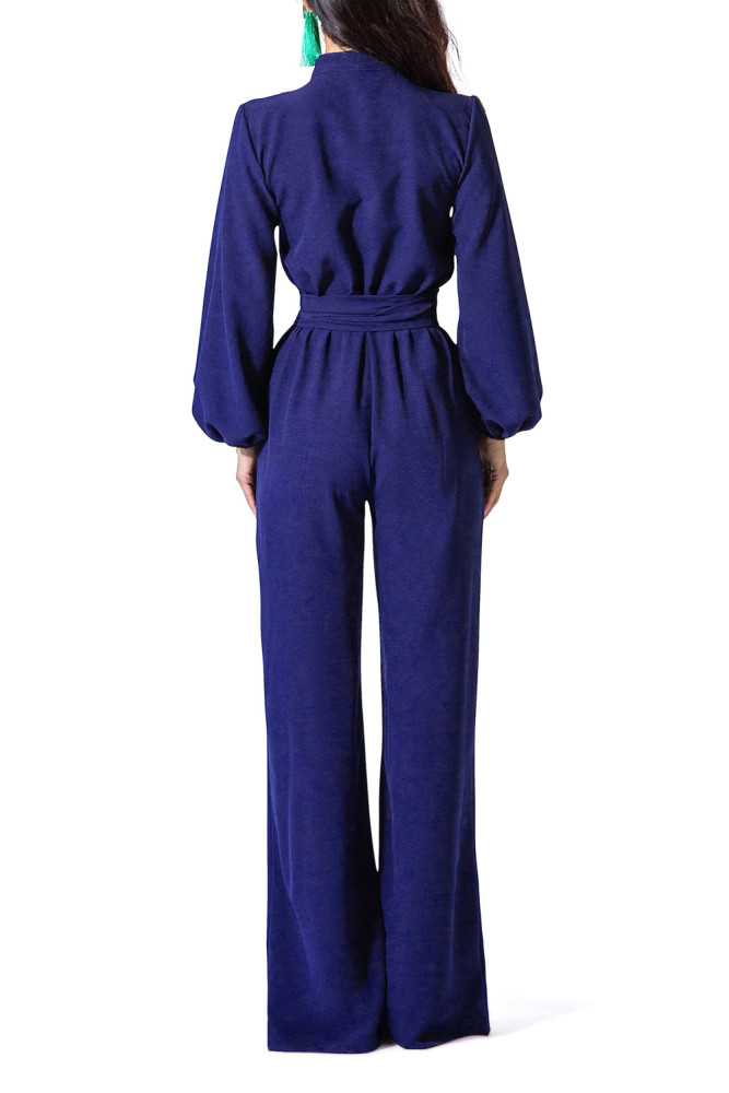 Indigo Lantern Sleeve Belted Wide Leg Jumpsuit
