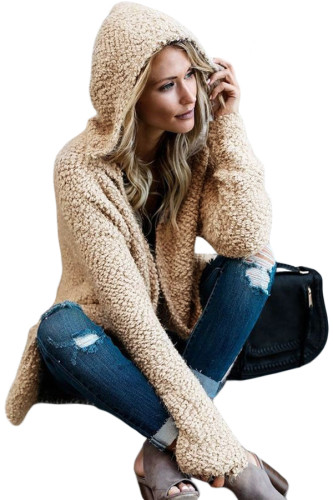 Apricot Fluffy Hooded Open Front Cardigan