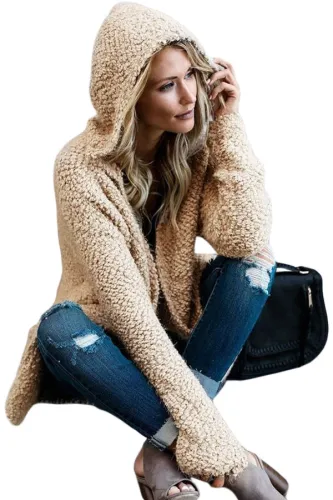 Apricot Fluffy Hooded Open Front Cardigan