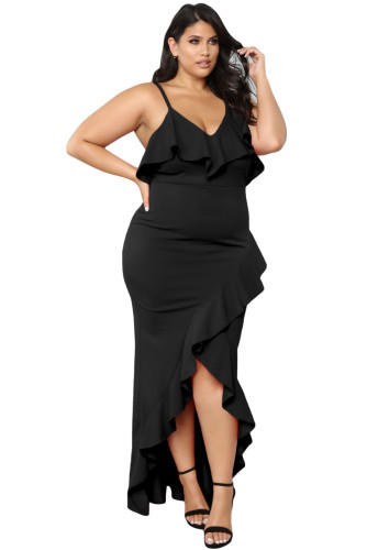Black Plus Size Ruffle Trim Spaghetti Straps Maxi Dress