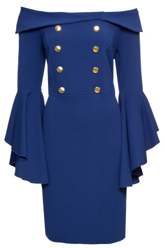 Blue Double Breasted Button Off Shoulder Dress