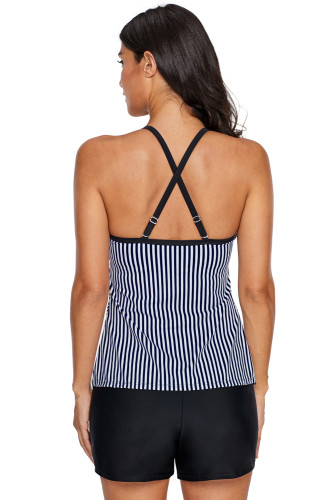 Black White Striped Flyaway Drape Tankini Top