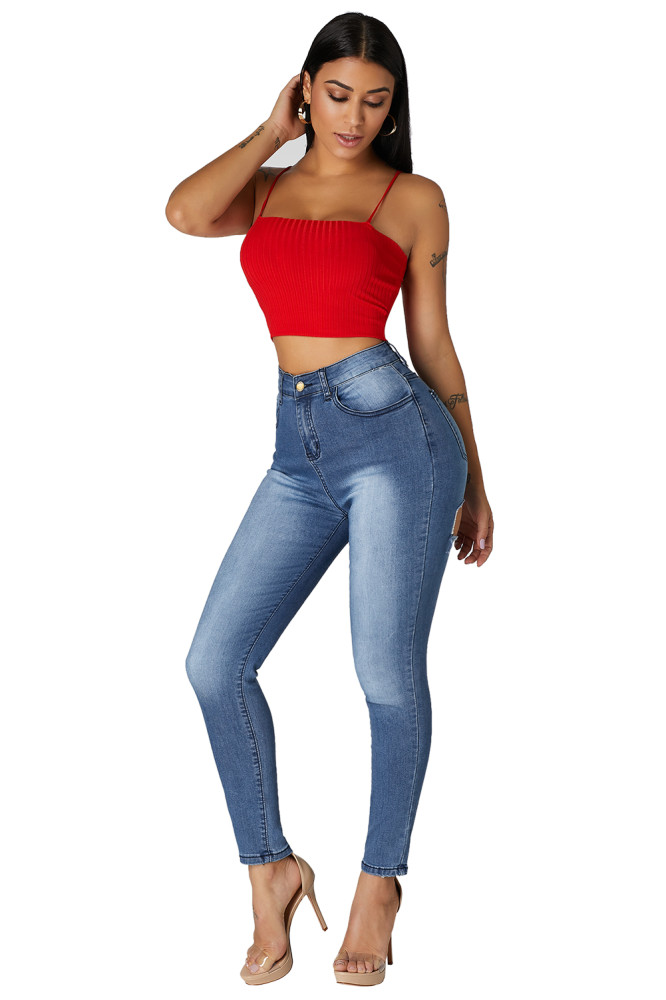 High Waist Bottom Ripped Hole Cut Jeans