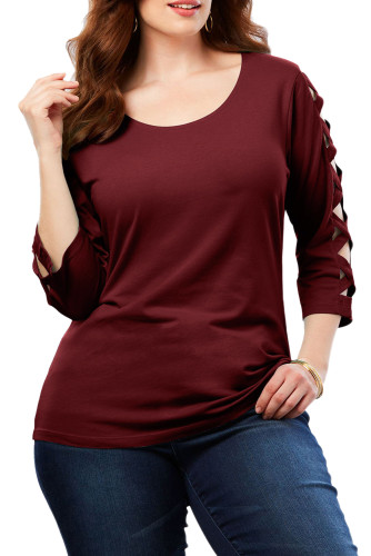 Burgundy Lattice Quarter Sleeved Plus Size Top