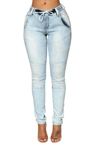 Light Blue Wash Knee Patch Denim Jogger Pants