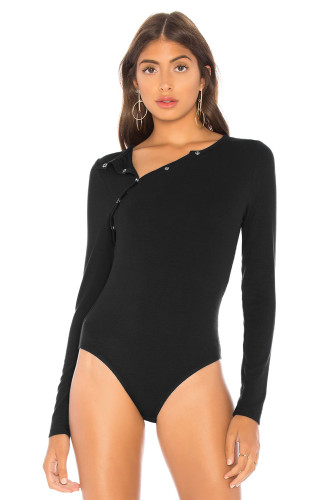 Black Asymmetric Snap Button Ribbed Knit Bodysuit