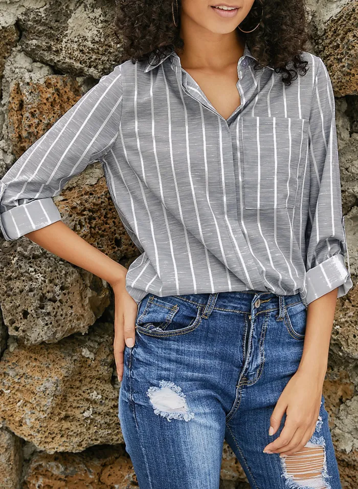 Gray Striped Roll Tab Sleeve Button Shirt