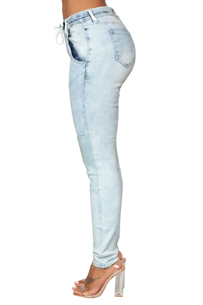 Light Blue Wash Knee Patch Denim Jogger Pants
